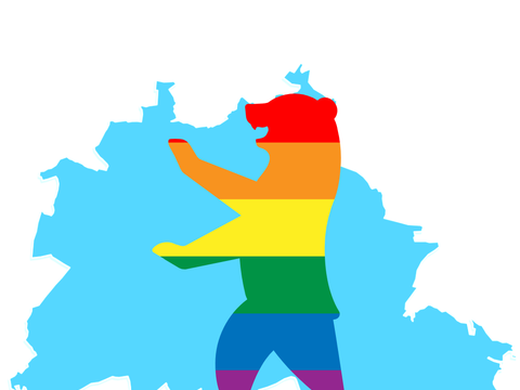 Regenbogenbär im Profil vor hellblauem Umriss des Landes Berlins 