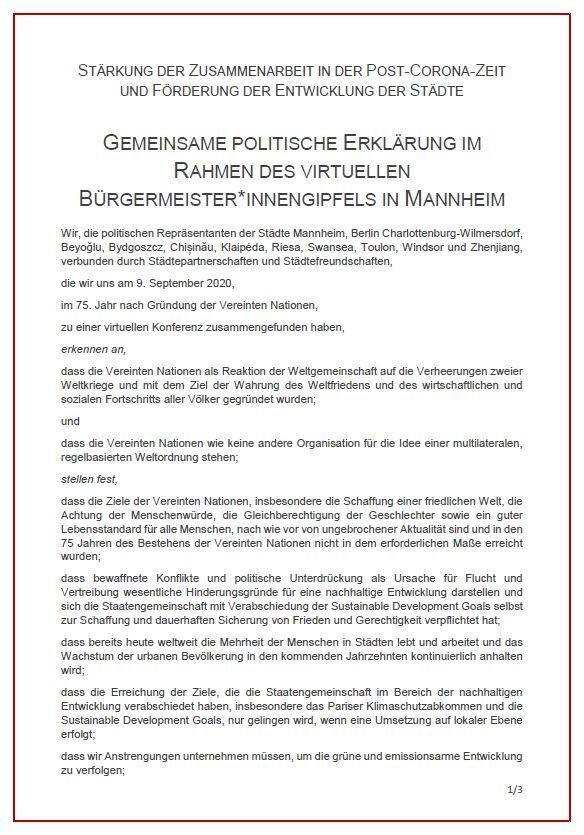 Gemeinsame politische Erklärung im Rahmen des virtuellen Bürgermeister*innengipfels in Mannheim, Seite 1