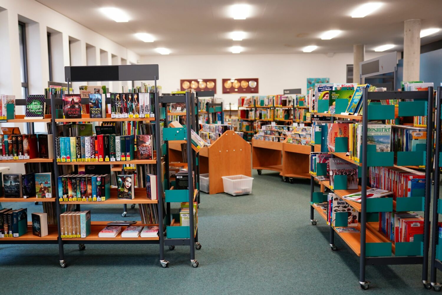 Bücherregale und Medientröge in der Eberhard-Alexander-Burgh-Bibliothek