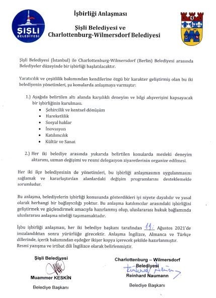 Kooperationsvereinbarung zwischen Charlottenburg-Wilmersdorf und Sisli (Türkisch)