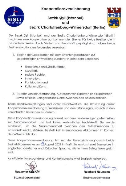 Kooperationsvereinbarung zwischen Charlottenburg-Wilmersdorf und Sisli (Deutsch)