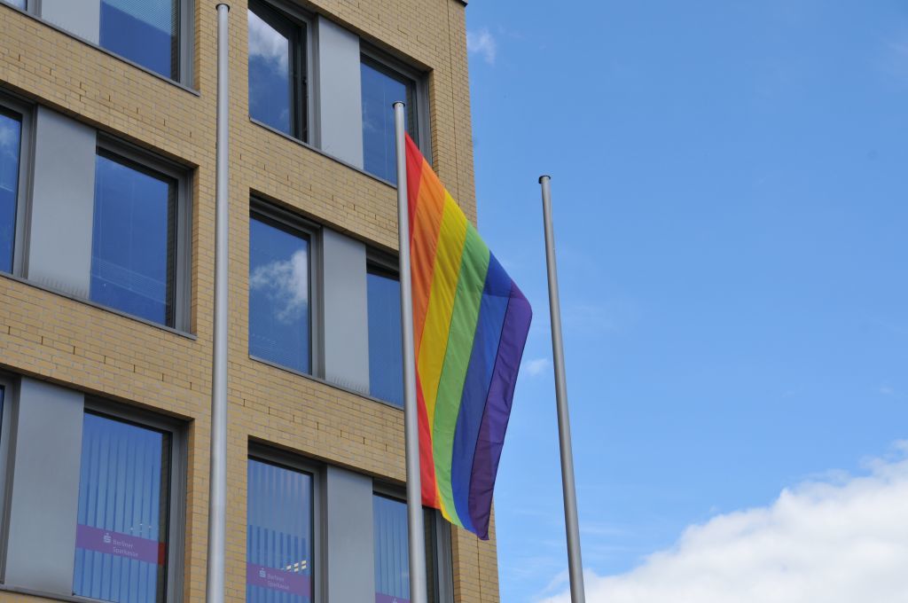 IDAHOBIT 2021 - Fahnenhissung am Tag gegen Homo- und Transphobie vor dem Rathaus - Fahne weht