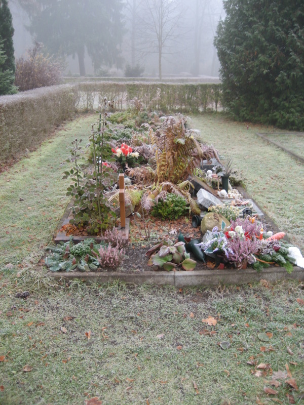 Ansicht von bepflanzten Urnengrabstellen im Winter Friedhof Staaken