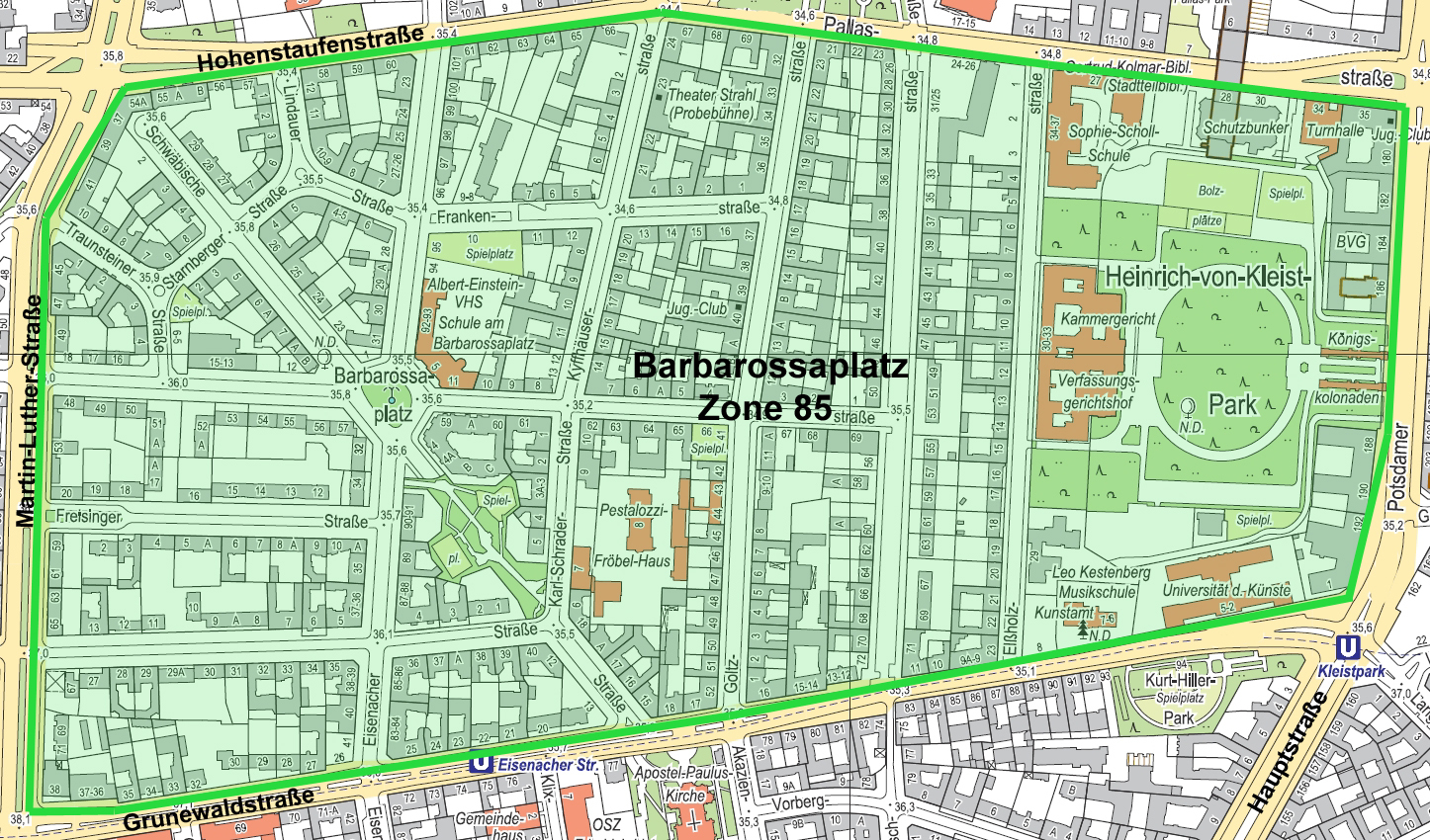 Eine Karte mit einem markierten Bereich. Der Bereich ist gekennzeichnet als Barbarossaplatz Zone 85