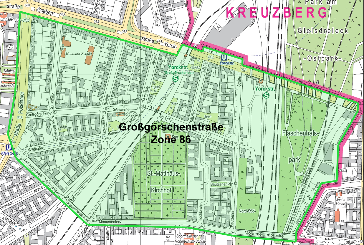 Eine Karte mit einem markierten Bereich. Der Bereich ist gekennzeichnet als Großgörschenstraße Zone 86