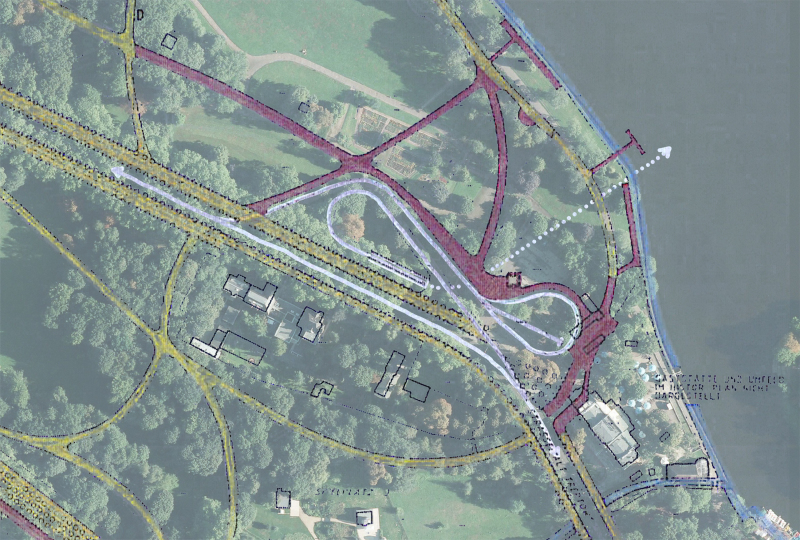 Übersicht über die bis 1993 entfallenen (rot) und erhaltenen (gelb) Originalwege auf dem Luftbild von 2010.