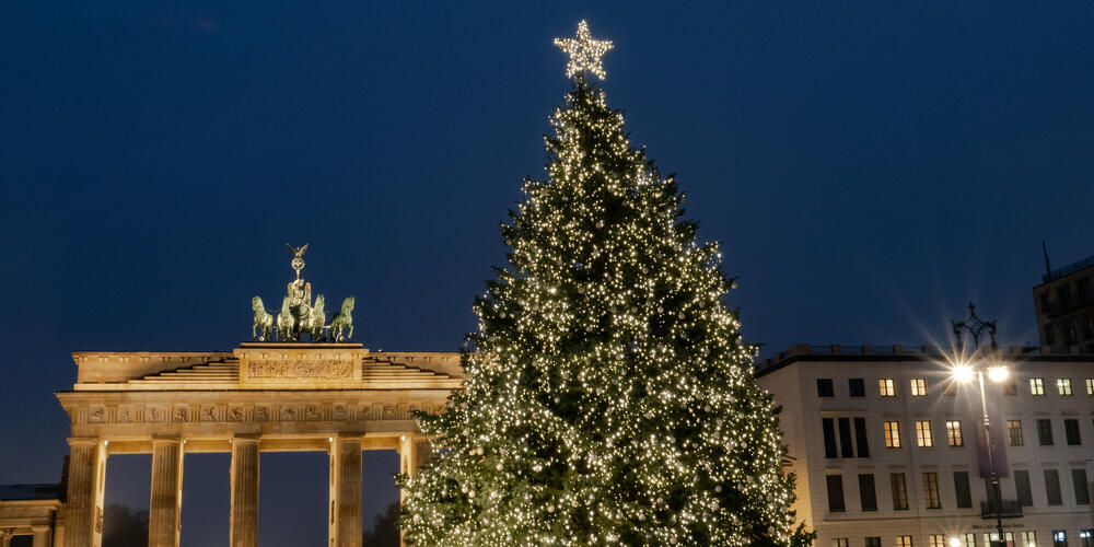 Weihnachtsbaum am Brandenburger Tor leuchtet