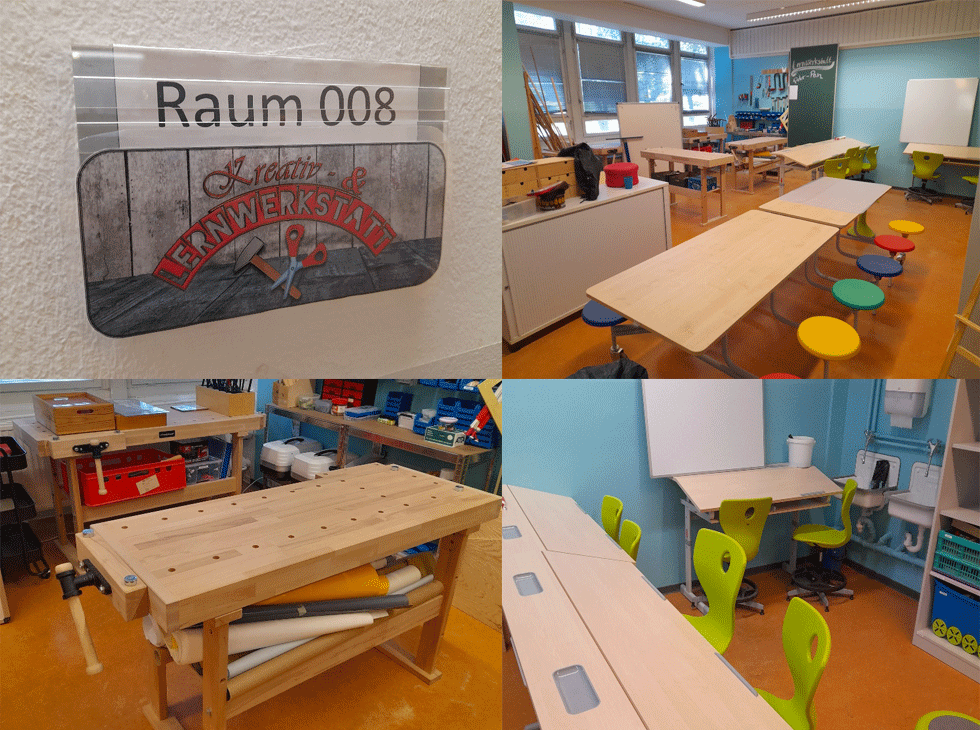 Lernwerkstatt Peter-Pan-Grundschule mit Tisch, Stühle, Hobbelbank