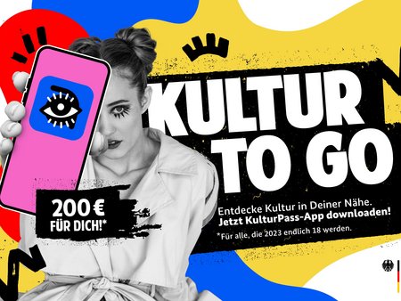 Offizielles Plakat des Kulturpasses für 18jährige mit der Aufschrift "Kultur to Go".