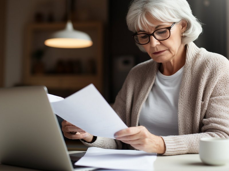 Grauhaarige Frau mit Brille schaut Dokumente an, auf dem Tisch ein Laptop