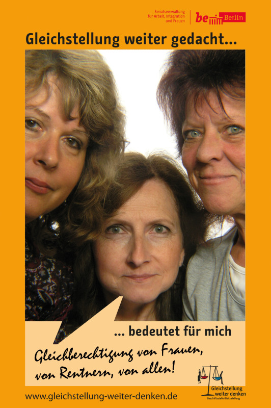 Drei Frauen im Fotoboxrahmen Gleichstellung weiter gedacht bedeutet für uns: "Gleichberechtigung von Frauen, von Rentnern, von allen!"