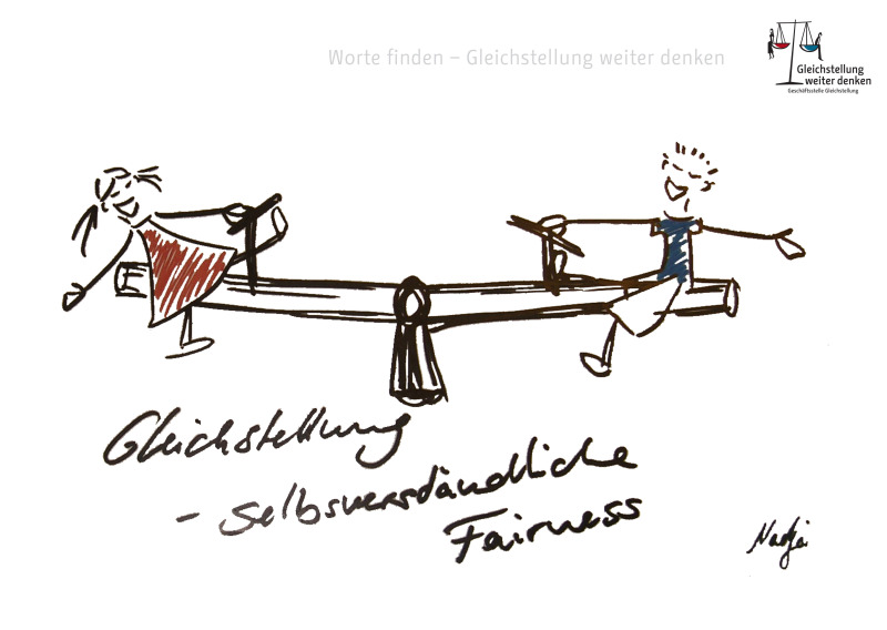 Gästebucheintrag: Ein Mädchen und ein Junge auf dem Wippschaukel gezeichnet von Nadja "Gleichstellung - selbstverständliche Fairness"