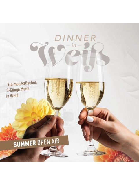 Zwei Hände stoßen mit Sekt an - Aufschrift Dinner in weiß