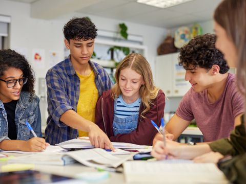 Schülerinnen und Schüler verschiedener ethnischer Herkunft bearbeiten gemeinsam Aufgaben