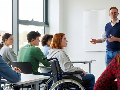 Klassenraum mit mehreren Schülern, eine Schülerin im Rollstuhl