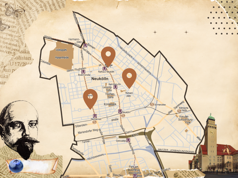 Flyer Kiez-Schatzsuche 2026: vergilbtes Papier mit Karte von Neukölln, einem Profilbild von Reinhold Kiehl und dem Rathaus Neukölln sowie einer Blaubeere
