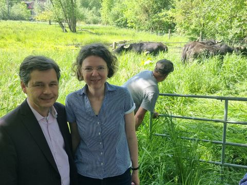 Auch Bezirksbürgermeister Uwe Brockhausen und Umweltstadträtin Korinna Stephan ließen sich den Auftrieb der Wasserbüffel nicht entgehen. (Bild: BA Reinickendorf)