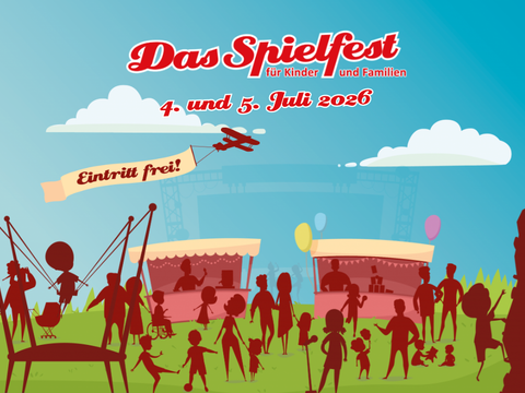 Das Plakat zeigt eine Grafik mit zwei Buden, Figuren und einem Bungee-Trampolin