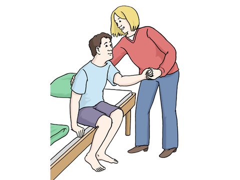 Illustration einer Frau, die einem Mann aus dem Bett hilft