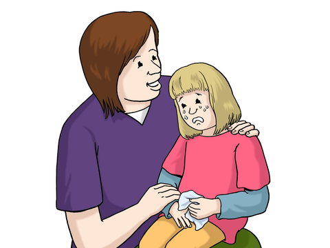 Illustration einer Frau, die ein Kind tröstet