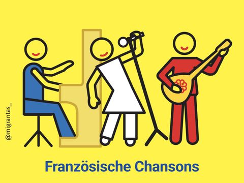 Drei stilisierte Figuren mit Instrumenten und Mikrofon vor gelbem Hintergrund und dem Text 'Französische Chansons'