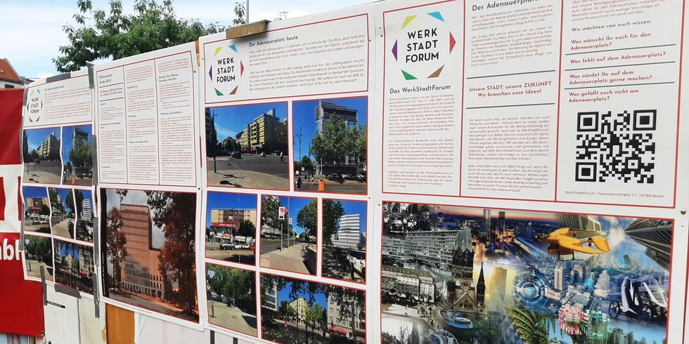 Infotafel am Adenauerplatz: Mit dem QR-Code kann man sich an der Umfrage beteiligen.