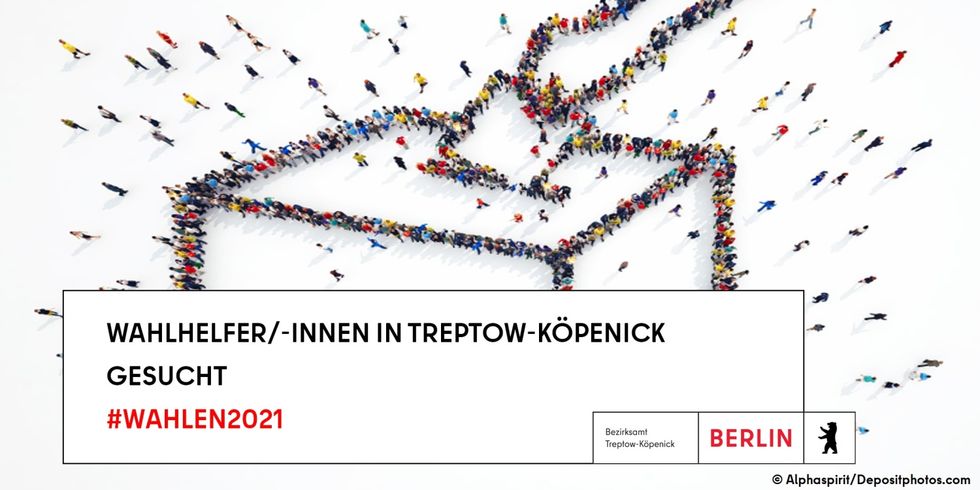 Menschen bilden das Symbol einer Wahlurne - Aufschrift: Wahlhelfer/-innen in Treptow-Köpenick gesucht
