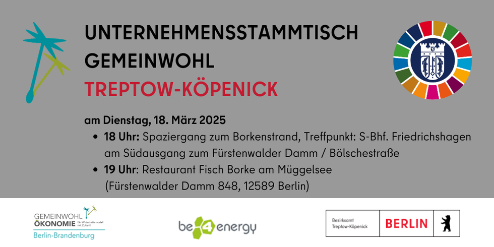 Banner zum Gemeinwohl-Unternehmens-Stammtisch mit Datum 18.03.2025