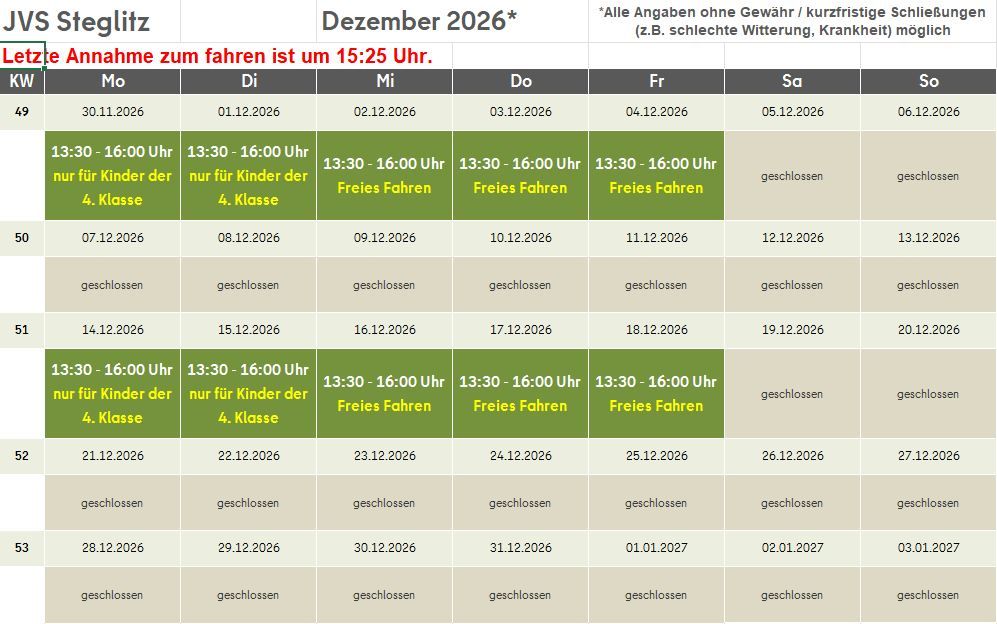 Öffnungszeiten Dezember 2026 JVS Steglitz