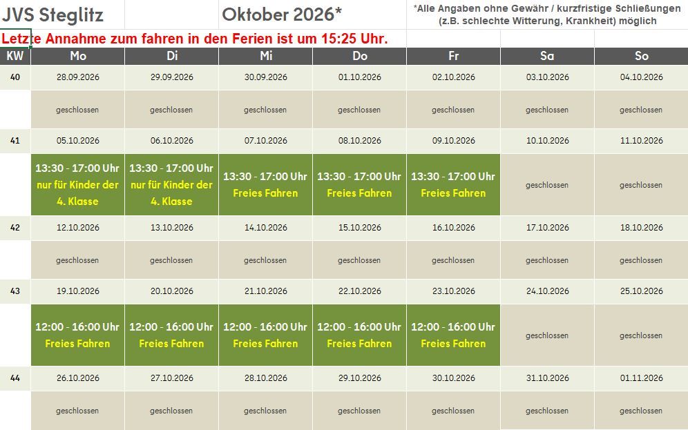 Öffnungszeiten Oktober 2026 JVS Steglitz