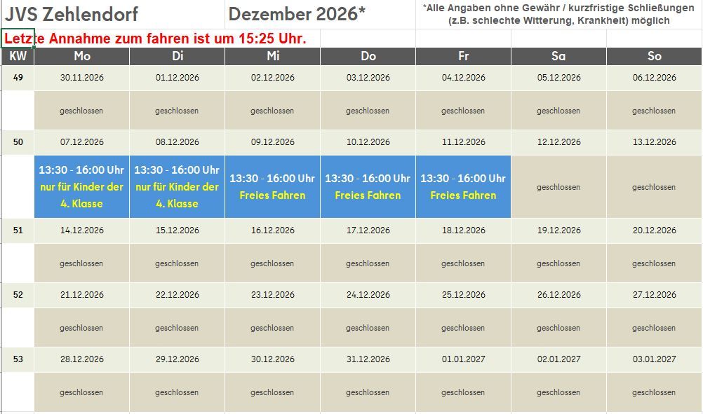Öffungszeiten Dezember 2026 JVS Zehlendorf