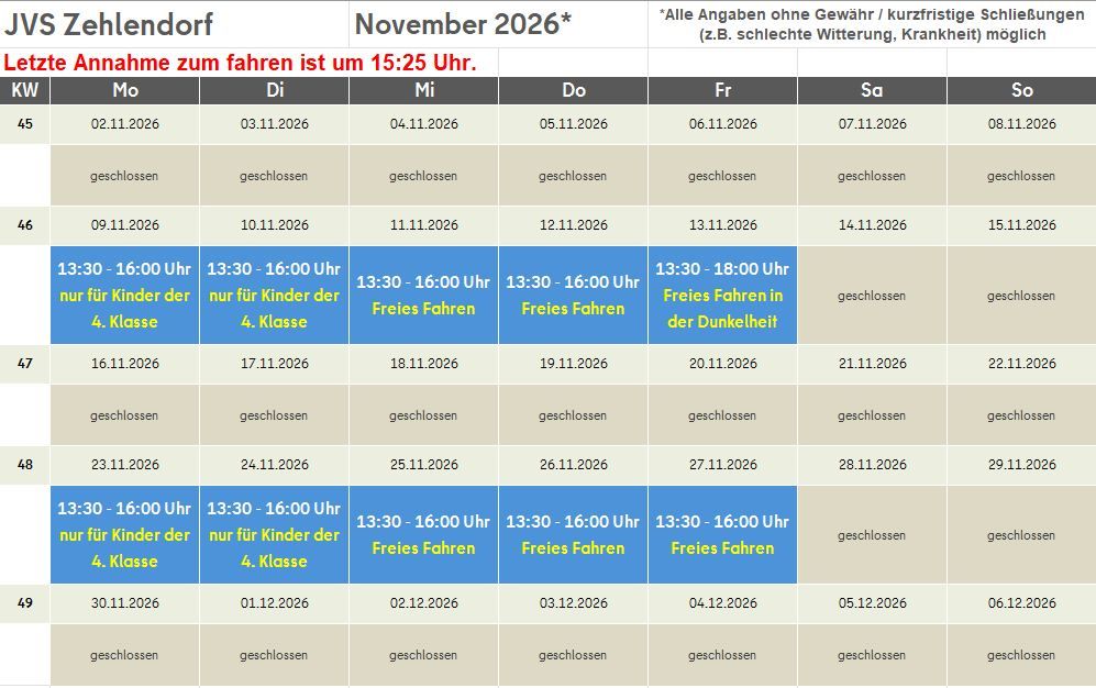 Öffnungszeiten November 2026 JVS Zehlendorf