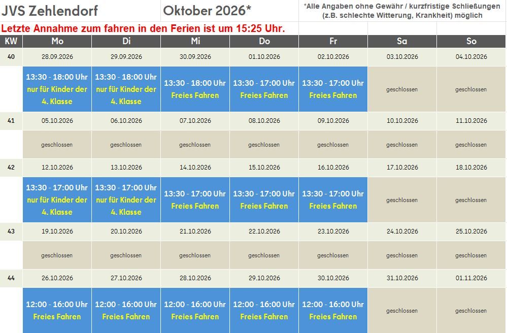 Öffnungszeiten Oktober 2026 JVS Zehlendorf