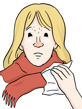 Frau mit roter Nase, Schweißperlen auf der Stirn und Schal um den Hals