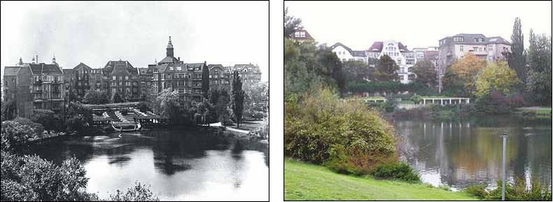 Fotovergleich historisch und heute - Blick auf den Dernburgplatz