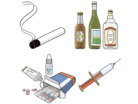 Brennende Zigarette, Alkoholflaschen, Medikamente und eine Spritze