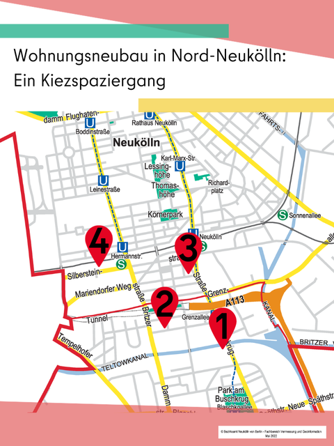 Nord-Neukölln Kiezspaziergang Wohnungsneubau: Karte von Nordneukölln mit Markierungen für die Stationen auf dem Kiezspaziergang