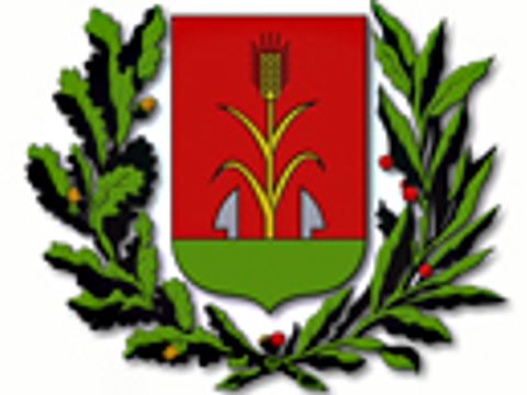 Grüner nach oben geöffneter Blattkranz umfasst ein rot/grünes Wappen mit einem Gerstenzweig in der Mitte