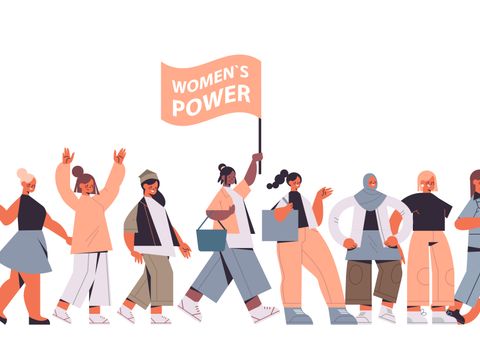 Illustration von Aktivistinnen mit Plakat: Women's Power