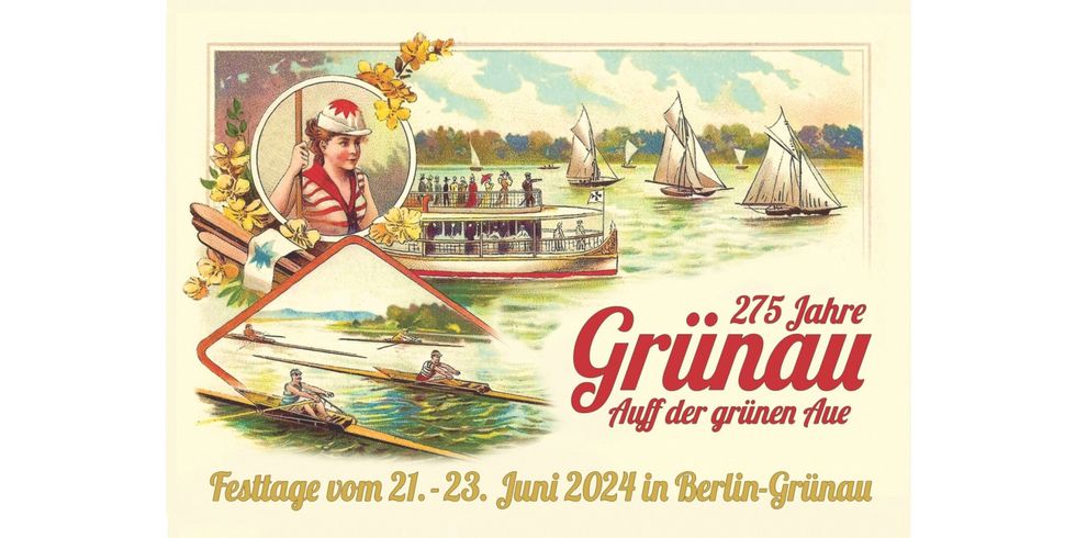 Historische Postkarte zu 275 Jahre Grünau mit dem Motiv der Grünauer Ruderin