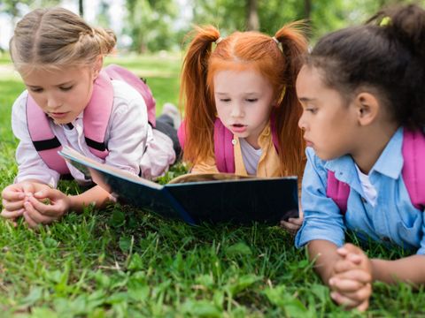 Drei Kinder lesen im Park auf der Wiese gemeinsam ein Buch
