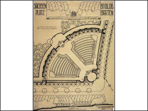 Erwin Barth - Sachsenplatz (Brixplatz), Plan des Biologischen Gartens mit Ansicht des Eingangstores, M 1:500, 1925, Tusche/Transp.