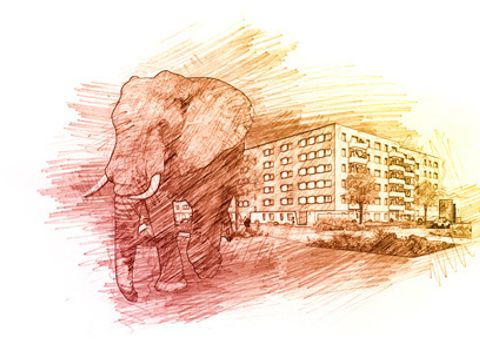 Zeichnung im Vordergrund ein Elefant und im Hintergrund Neubauten