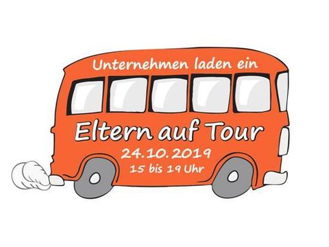 Bildvergrößerung: Orangene Eltern auf Tour Bus, auf dem das Datum und die Uhrzeit der Veranstaltung steht 24.10.19 von 15 bis 19 Uhr
