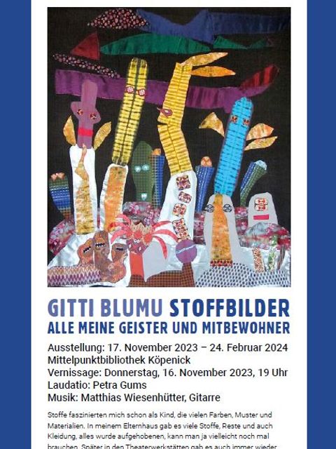 Bildvergrößerung: Flyer Ausstellung Stoffbilder von Gitti Blumu