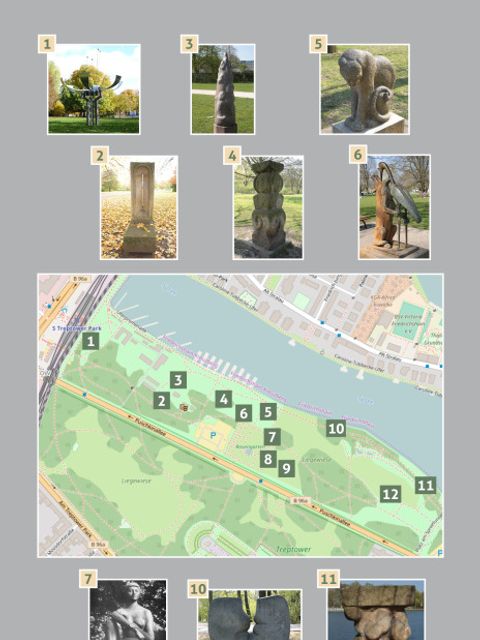 Bildvergrößerung: Standorte der Kunstwerke auf dem Kunstpfad im Treptower Park