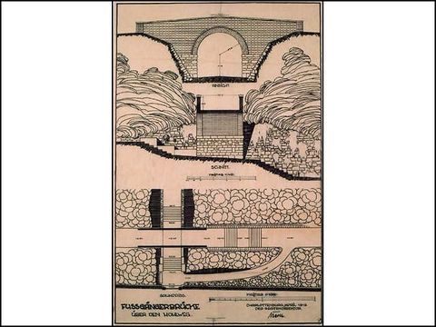 Erwin Barth - Lietzenseepark, Fußgängerbrücke über den Hohlweg an der Herbartstraße, Entwurf, M 1:100, 1:40, 1919, Tusche/Transp.