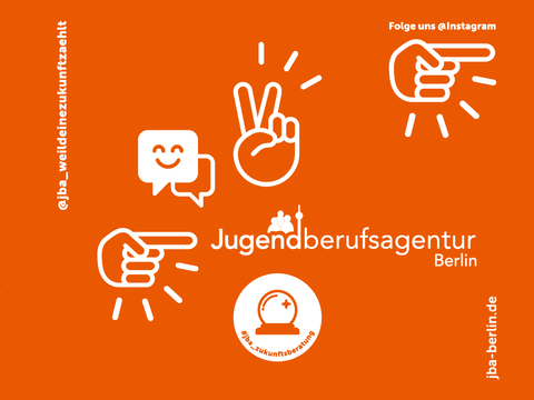 Logo der Jugendberufsagentur Berlin, Motto zum Ausbildungsstart 2023: Weil deine Zukunft zählt