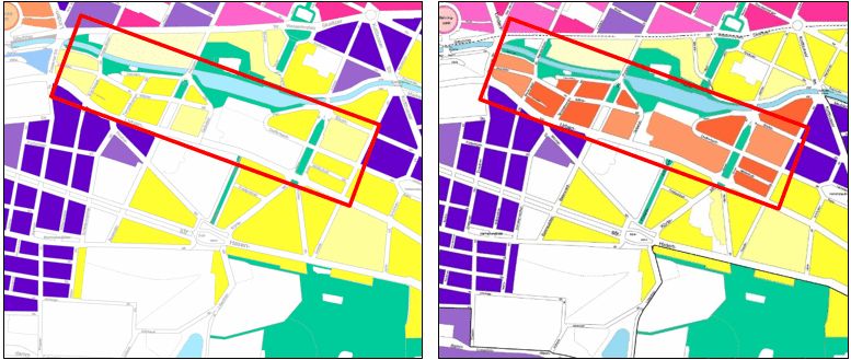 Abb. 3c: Entwicklung der Versorgungssituation mit wohnungsnahen, öffentlichen Grünflächen zwischen 2011 und 2020, Beispiel 3 Urbanstraße