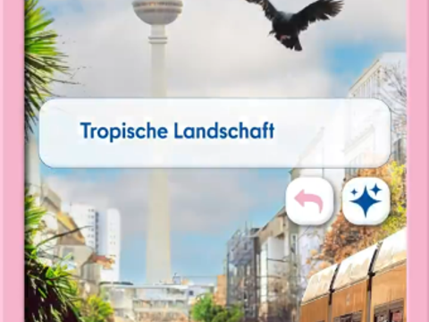 Screenshot aus dem Video: KI-generiertes Bild von Berlin-Mitte mit Fernsehturm im Hintergdund und einer Tram-Linie, die durch eine Flamingo-Wasserlandschaft führt
